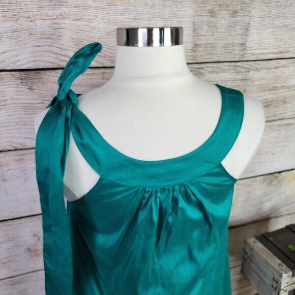 Theory Silk Mini Dress Sleeveless One Shoulder Tie Kelly Green 2 - Picture 3 of 7
